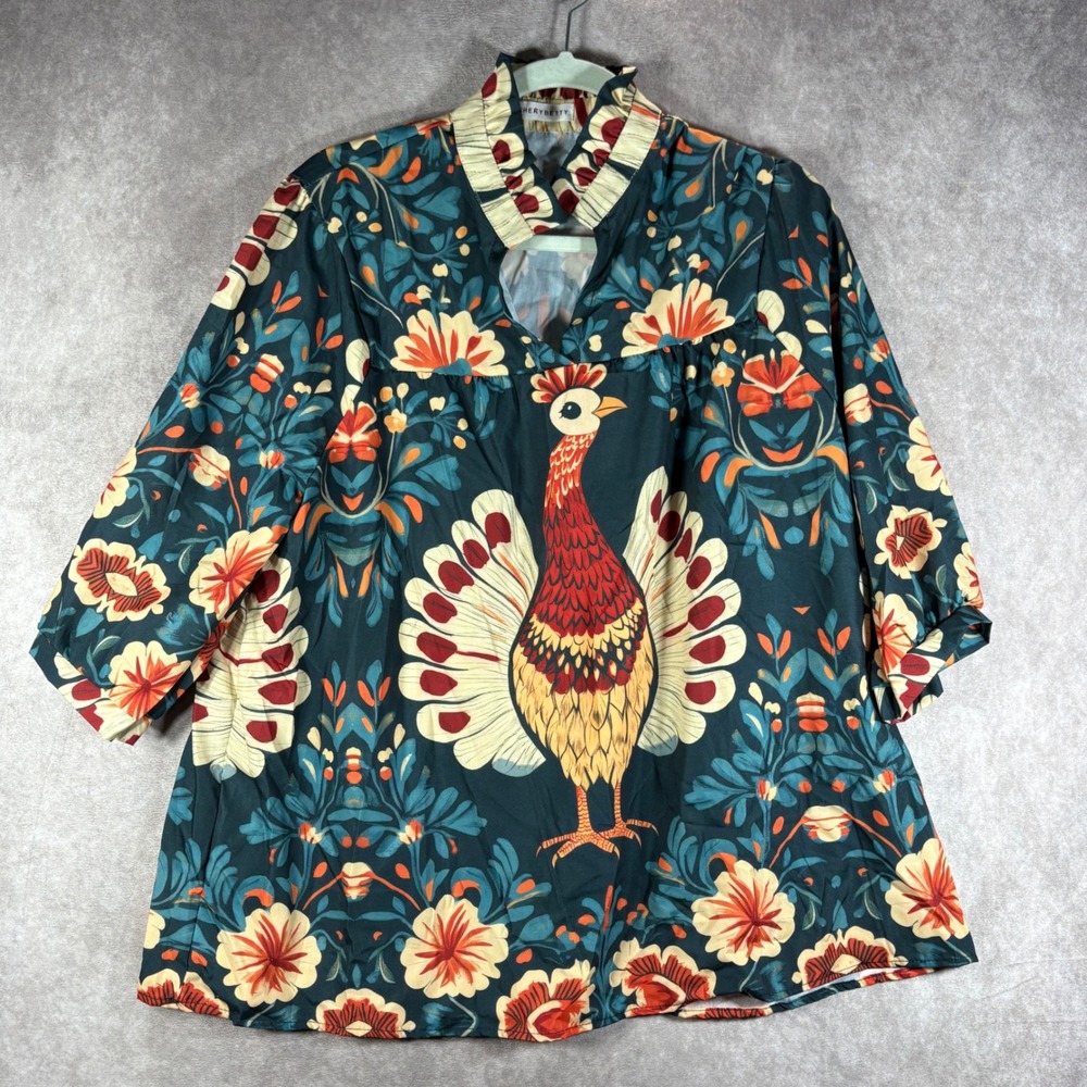 Chery Betty Blouse XL Green Peacock Floral Boho Ruffle Neck Top Thanksgiving